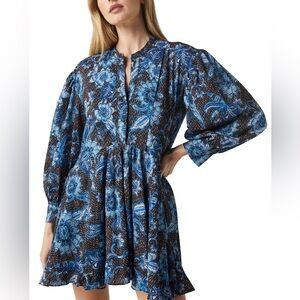 MISA Los Angeles Blue Tan/Brown Sunflower Mini Dress Long Sleeve Women SZ S NWT